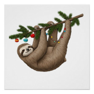 Fröhliche Faultier auf einem Weihnachtsbaumzweig m Poster