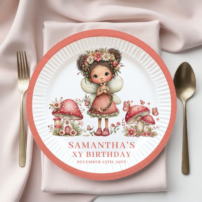Fröhliche Fee 3. Geburtstag Rosa Blumen Papier Pappteller (Cheerful Fairy 3rd Birthday Pink Flowers Paper Plates)