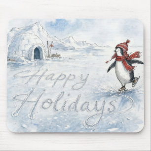 Fröhliche Feiertage Pinguin Eislaufen Mousepad
