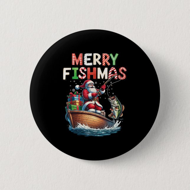 Fröhliche Fisch-Weihnachten Santa Angler-Fans Lust Button (Vorderseite)