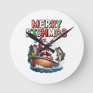Fröhliche Fischweihnachten Santa Angler Lustiger F Runde Wanduhr