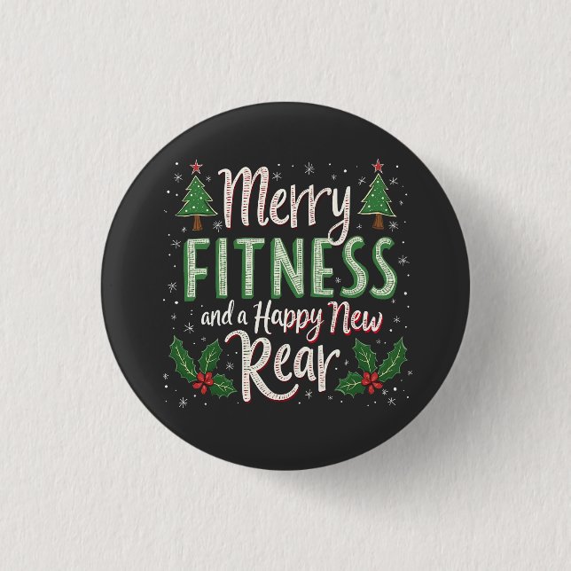 Fröhliche Fitness und glückliche neue rückwärtige  Button (Vorderseite)