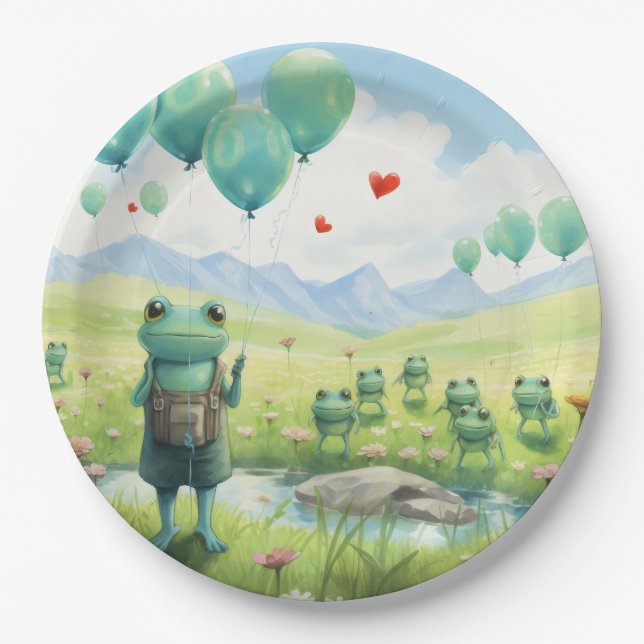Fröhliche Frösche blaue Ballons Pappteller (Vorderseite)