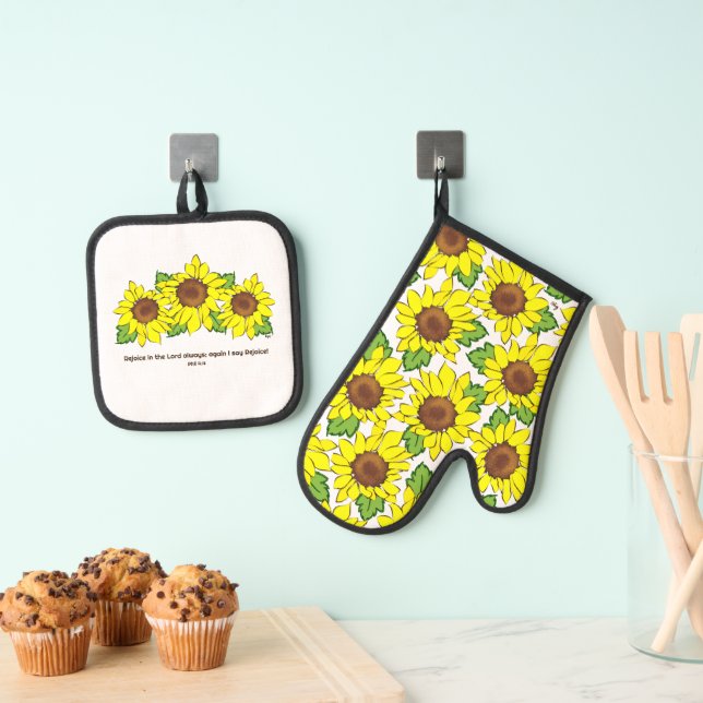 Fröhliche Gelbblütenschrift Küche Ofenhandschuh & Topflappen-Set (Insitu (Hängend))