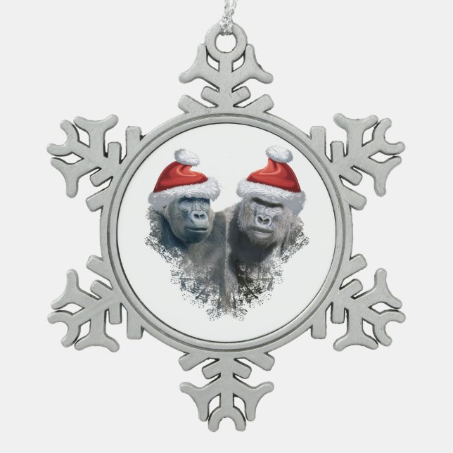 Fröhliche Gorilla-Weihnachten Schneeflocken Zinn-Ornament (Vorderseite)