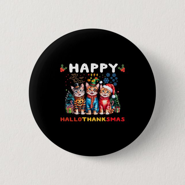 Fröhliche Hallothanksmas Katzen Halloween Erntedan Button (Vorderseite)