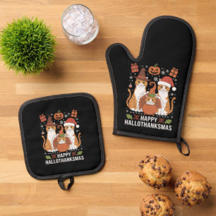 Fröhliche Hallothanksmas Katzen Halloween Weihnach Ofenhandschuh & Topflappen-Set
