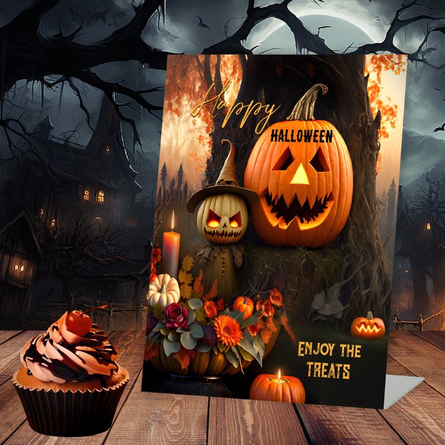 Fröhliche Halloween-Fun-Leckereien Sockelschild (Halloween party table sign featuring witch pumpkins with candles and flowers - offer sweet treats)