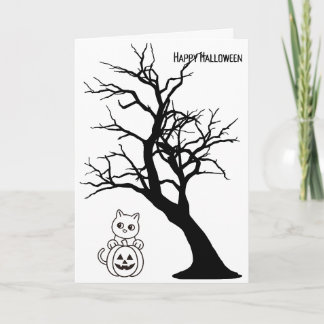 Fröhliche Halloween-Grußkarte Katze Kürbis Baum Karte