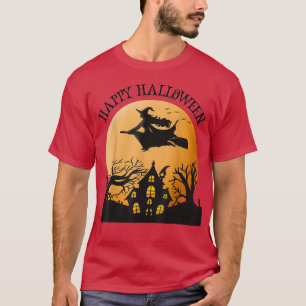 Fröhliche Halloween-Hexe, die über ein Spuk Haus f T-Shirt