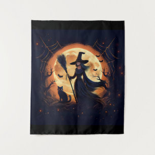 Fröhliche Halloween-Hexe um Mitternacht Wandteppich
