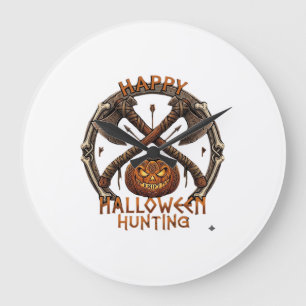 Fröhliche Halloween-Jagd Kürbis gekreuzte Äxte Kno Große Wanduhr