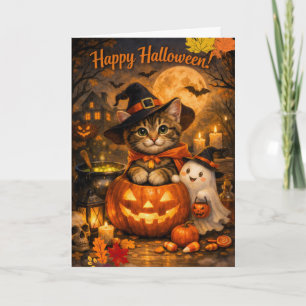 Fröhliche Halloween-Katze & Geist-Karte • Süß und Karte