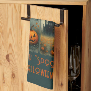 Fröhliche Halloween-Kürbiskuschelflecht-Fledermäus Geschirrtuch