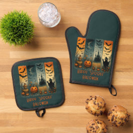 Fröhliche Halloween-Kürbiskuschelflecht-Fledermäus Ofenhandschuh & Topflappen-Set