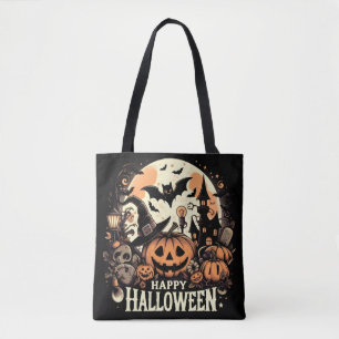 Fröhliche Halloween-Nacht mit Kürbis und Spukhaus Tasche