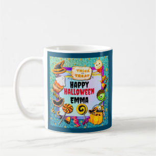 Fröhliche Halloween-Party voller Süßigkeiten oder  Kaffeetasse