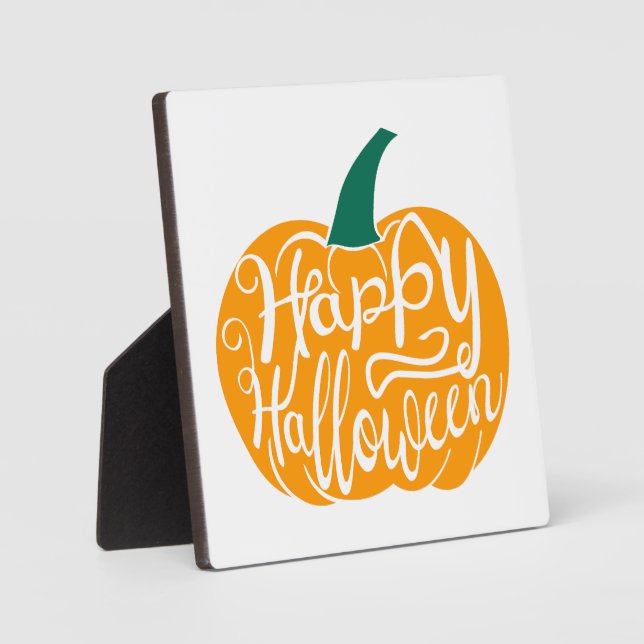 Fröhliche Halloween-Schrift auf geschnitztem Kürbi Fotoplatte (Vorderseite)