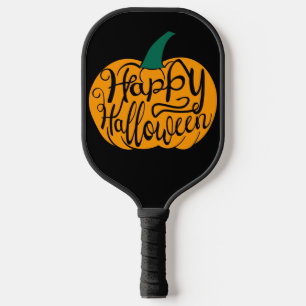 Fröhliche Halloween-Schrift auf geschnitztem Kürbi Pickleball Schläger