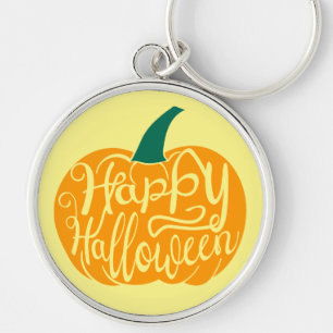 Fröhliche Halloween-Schrift auf geschnitztem Kürbi Schlüsselanhänger
