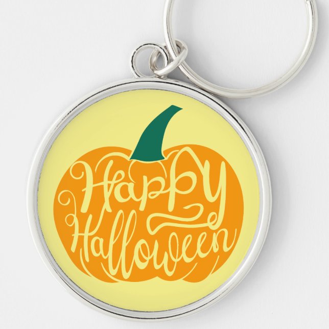 Fröhliche Halloween-Schrift auf geschnitztem Kürbi Schlüsselanhänger (Vorne)