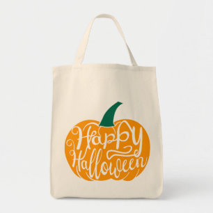Fröhliche Halloween-Schrift auf geschnitztem Kürbi Tragetasche