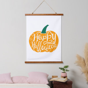 Fröhliche Halloween-Schrift auf geschnitztem Kürbi Wandteppich Mit Holzrahmen