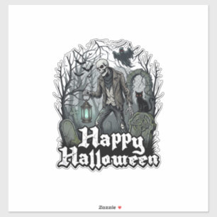 Fröhliche Halloween-Skelett-Laterne Schwarze Katze Aufkleber