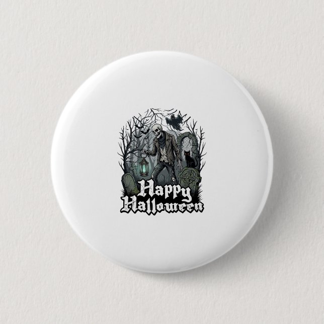 Fröhliche Halloween-Skelett-Laterne Schwarze Katze Button (Vorderseite)