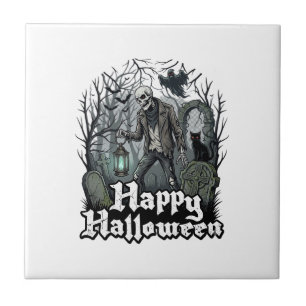 Fröhliche Halloween-Skelett-Laterne Schwarze Katze Fliese