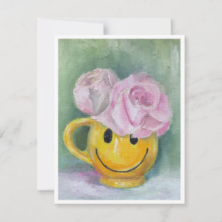 Fröhliche Happy Face Tasse mit rosa Rosen Notizkar Mitteilungskarte