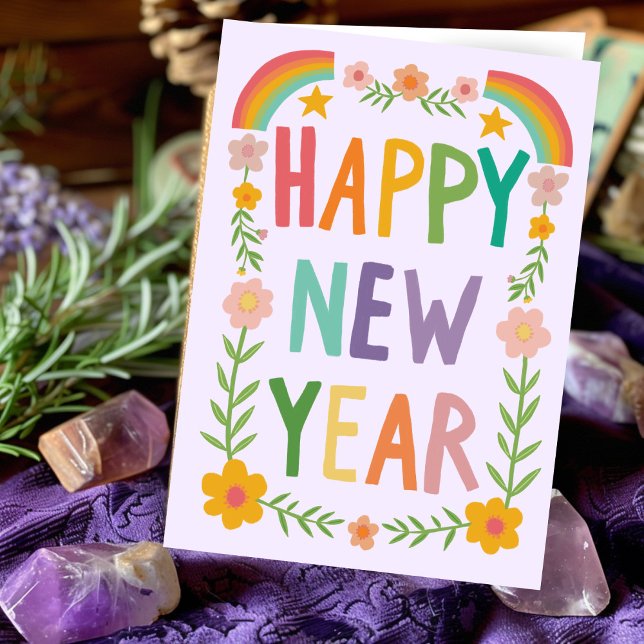 Fröhliche, hässliche HAPPY - Handschrift des neuen Karte (Cheerful Whimsical HAPPY NEW YEAR Rainbow Boho Floral Handlettering Greeting Card
)