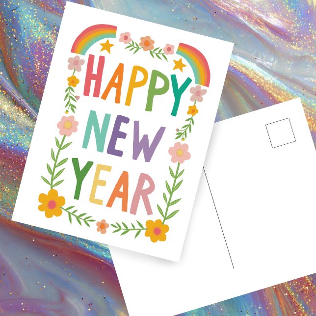 Fröhliche, hässliche HAPPY - Handschrift des neuen Postkarte (Cheerful Whimsical Rainbow HAPPY NEW YEAR Floral Handlettering Boho Postcard
)