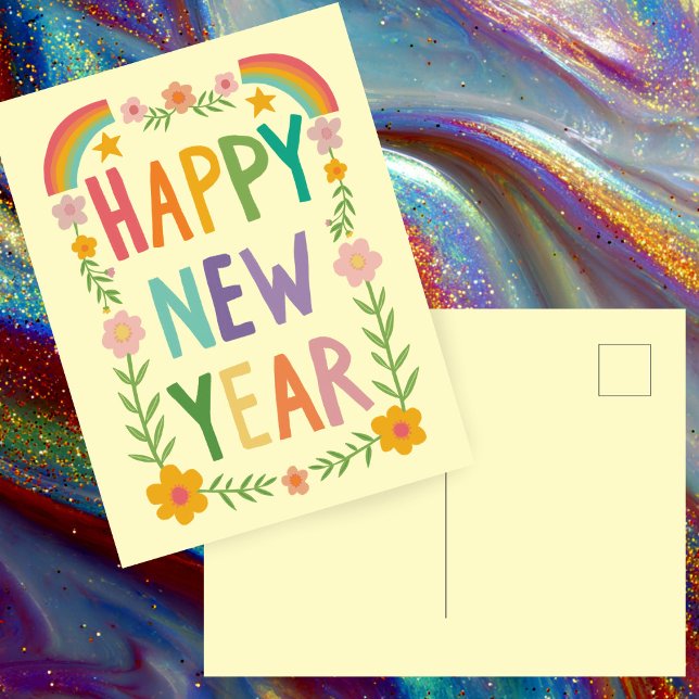 Fröhliche, hässliche HAPPY - Handschrift des neuen Postkarte (Cheerful Whimsical Floral Rainbow HAPPY NEW YEAR Handlettering Postcard
)