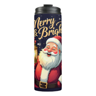 Fröhliche, helle Illustration von Santa Claus mit Thermosbecher