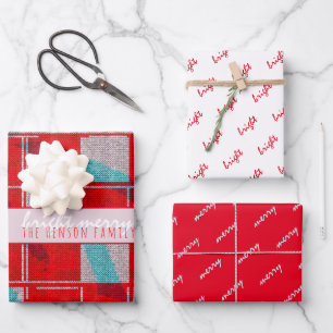 Fröhliche helle rote Strick-Strick-Familienfeier Geschenkpapier Set