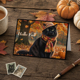 Fröhliche Herbst Blätter Schwarze Katze mit Hut Karte