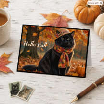 Fröhliche Herbst Blätter Schwarze Katze mit Hut