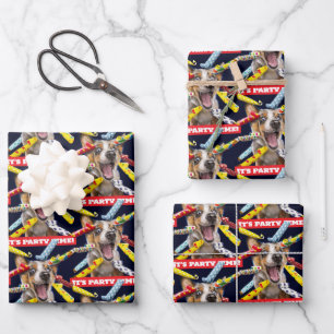 Fröhliche Hunde-Party-Tröten Geschenkpapier Set