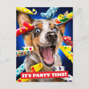 Fröhliche Hunde-Party-Tut-Bläser Postkarte