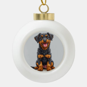 Fröhliche Illustration eines Schwarzbraunen Hundes Keramik Kugel-Ornament