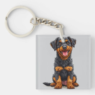 Fröhliche Illustration eines Schwarzbraunen Hundes Schlüsselanhänger