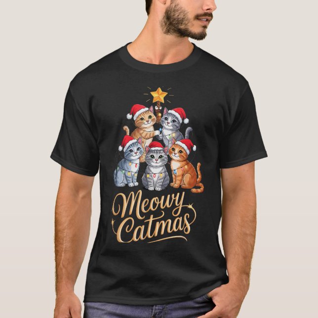 Fröhliche Katzenweihnachten Lustiger Weihnachtsbau T-Shirt (Vorderseite)