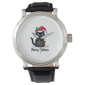 Fröhliche Katzenweihnachten Schwarze Katze Weihnac Armbanduhr