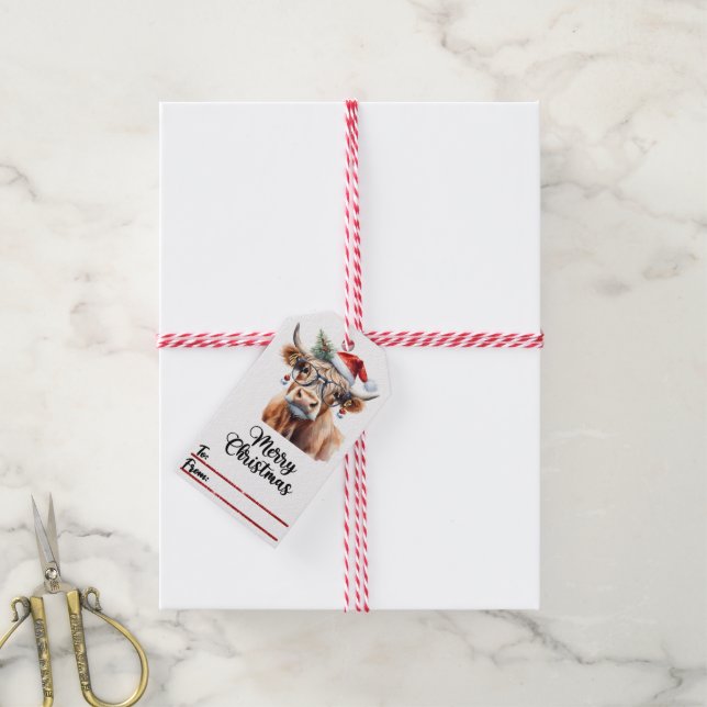 Fröhliche Kuh auf dem Weihnachtsschild Geschenkanhänger (Mit Garn)