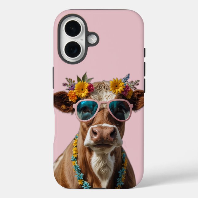 Fröhliche Kuh mit Sonnenbrille iPhone 16 Hülle (Rückseite)