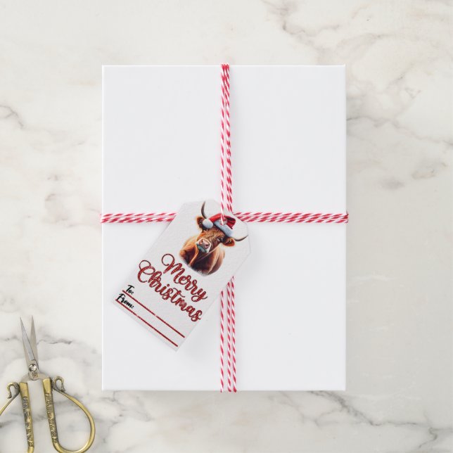 Fröhliche Kuh-Weihnachtsmannmütze Weihnachtsmarken Geschenkanhänger (Mit Garn)
