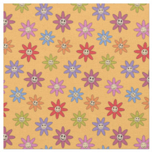Fröhliche lächelnde bunte Retro-Blumen auf Gelb Stoff