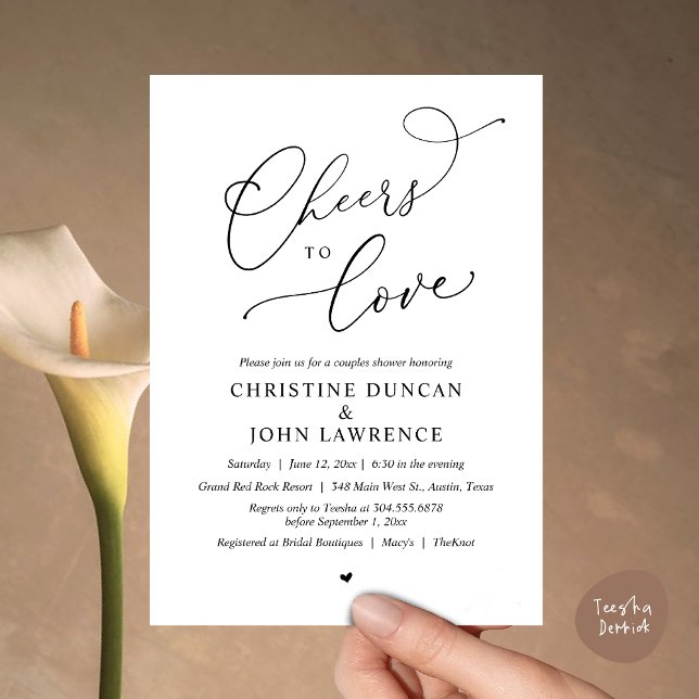 Fröhliche Liebe, Romantische Paare Dusche Party Einladung (Cheers to love, Romantic Couples Shower Modern Party Winery Invitation Card PDF Summer White Black)