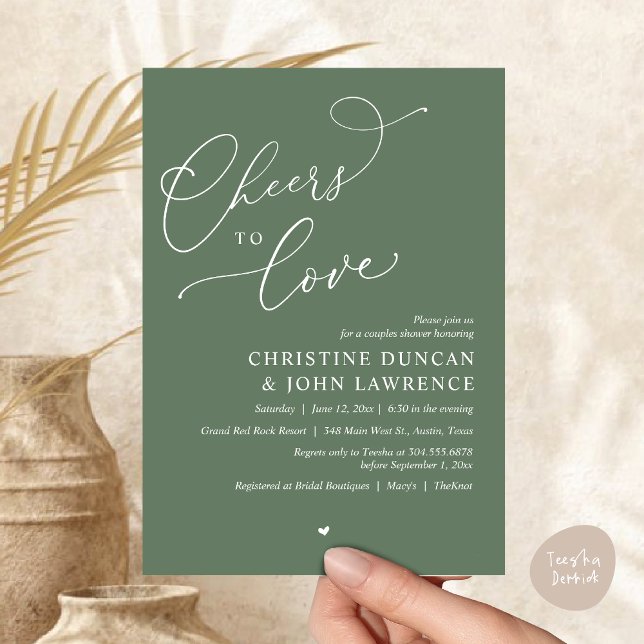 Fröhliche Liebe, Romantische Paare Dusche Party Einladung (Cheers to love, Romantic Couples Shower Modern Party Winery Invitation Card PDF Summer Greenery Sage)